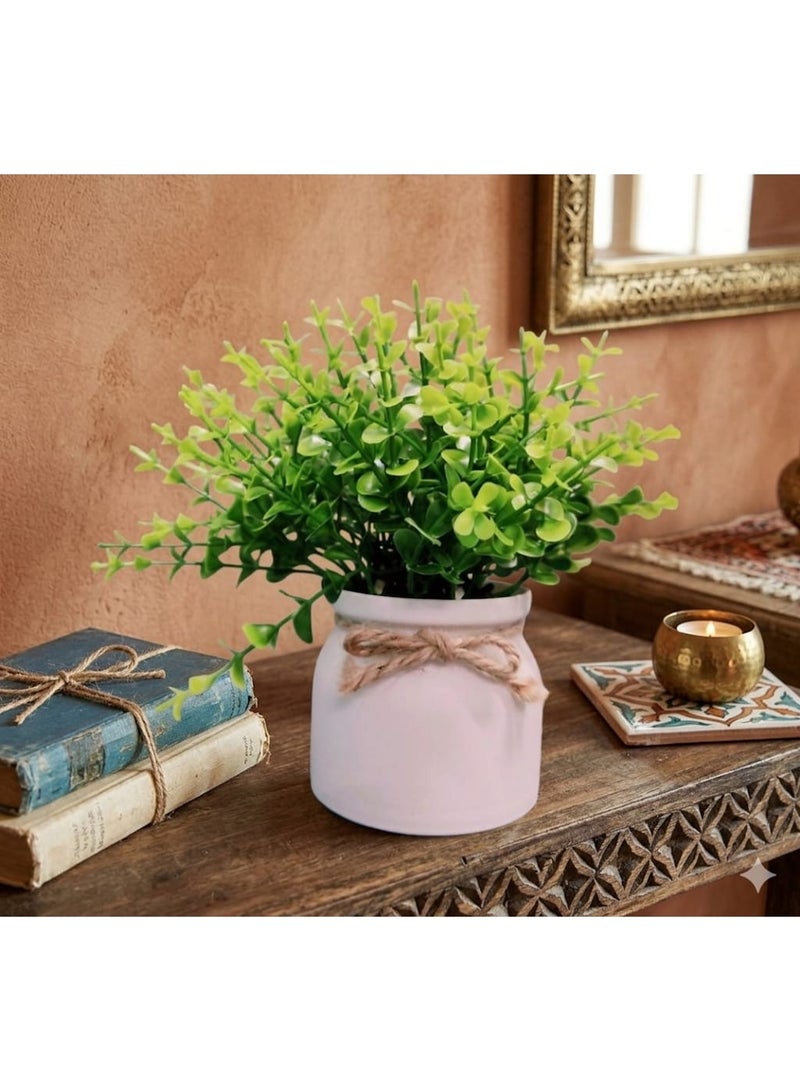 Modern Artificial Green Decorative Plant in White Pot with Rustic Jute Bow - Elegant Home & Office Decor - Image 2