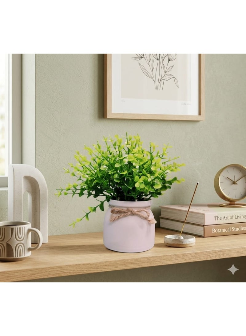 Modern Artificial Green Decorative Plant in White Pot with Rustic Jute Bow - Elegant Home & Office Decor - Image 1