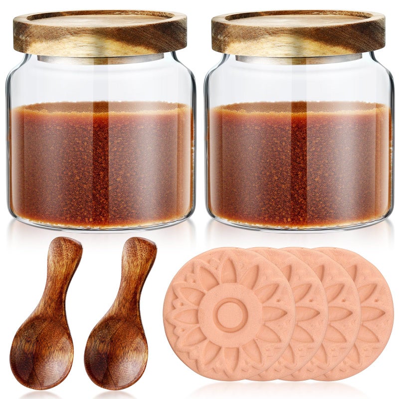 Maxdot 2 Pack Brown Sugar Keeper Container with Spoon, 500 ml / 0.53 Qt Glass Brown Sugar Storage Container with Wooden Spoon and Lid, Clear Glass Storage Jar for Baking, Salt and Snacks Saver - Image 1