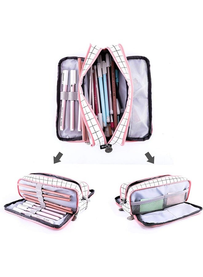 YelaJoy حافظة أقلام مربعة لطيفة كبيرة حقيبة مكياج مخططة منظم مستحضرات التجميل 3 طبقات حاملة أقلام للنساء - Image 2