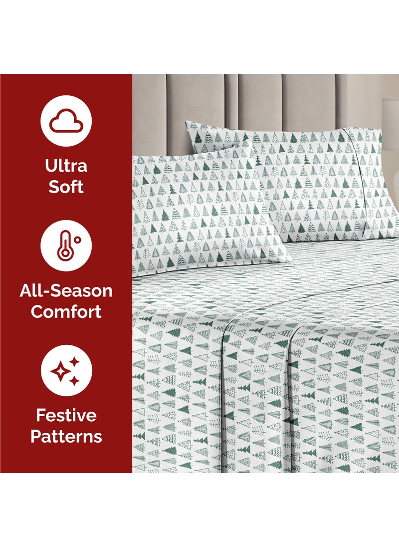 Split King Christmas Tree Sheet Set - Holiday Xmas Pattern Linen Set - Deep Pockets - Snug Fit - 4 Piece - Wrinkle Free - Comfy & Cooling Festive Winter Bedding - Easy To Care For - Kid Friendly