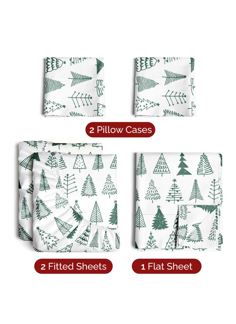 Split King Christmas Tree Sheet Set - Holiday Xmas Pattern Linen Set - Deep Pockets - Snug Fit - 4 Piece - Wrinkle Free - Comfy & Cooling Festive Winter Bedding - Easy To Care For - Kid Friendly