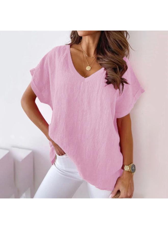 Summer European And American Popular Plus Size Women's Clothing Solid Color V-neck Cotton And Linen Casual Bat Short Sleeve T-shirt For Women 