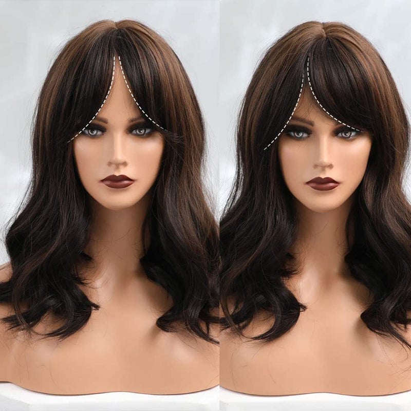 اي سي اي اف باروكة شعر مستعار طويلة مجعدة باللون البني الداكن من ECIF، مع غرة، سهلة العناية، مناسبة للسيدات ذوات البشرة البيضاء - Image 1