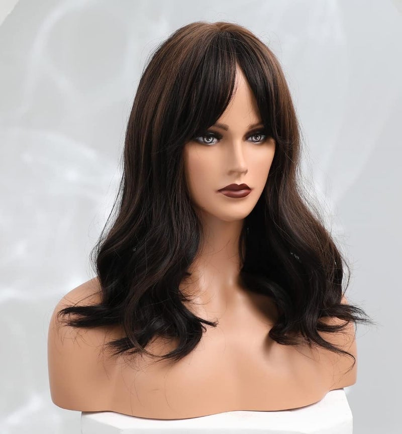 اي سي اي اف باروكة شعر مستعار طويلة مجعدة باللون البني الداكن من ECIF، مع غرة، سهلة العناية، مناسبة للسيدات ذوات البشرة البيضاء - Image 4