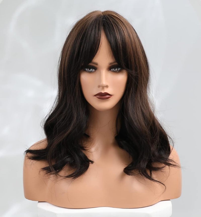 اي سي اي اف باروكة شعر مستعار طويلة مجعدة باللون البني الداكن من ECIF، مع غرة، سهلة العناية، مناسبة للسيدات ذوات البشرة البيضاء - Image 3