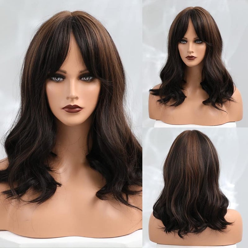 اي سي اي اف باروكة شعر مستعار طويلة مجعدة باللون البني الداكن من ECIF، مع غرة، سهلة العناية، مناسبة للسيدات ذوات البشرة البيضاء - Image 2