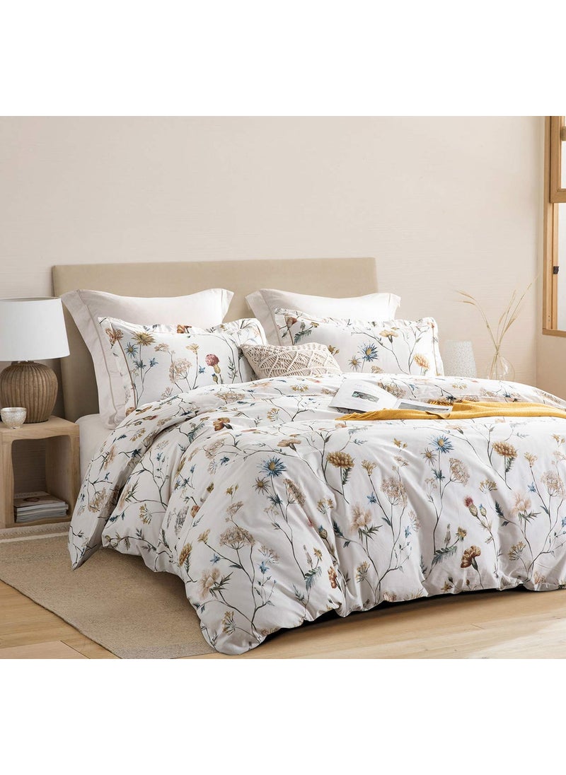 SLEEPBELLA SLEEPBELLA Comforter Queen Size  600 Thread Count Cotton White Printed with Blue & Blush Flowers Cotton Comforter Set Down Alternative Bedding Set 3Pcs(Queen  White Floral)  - Image 2