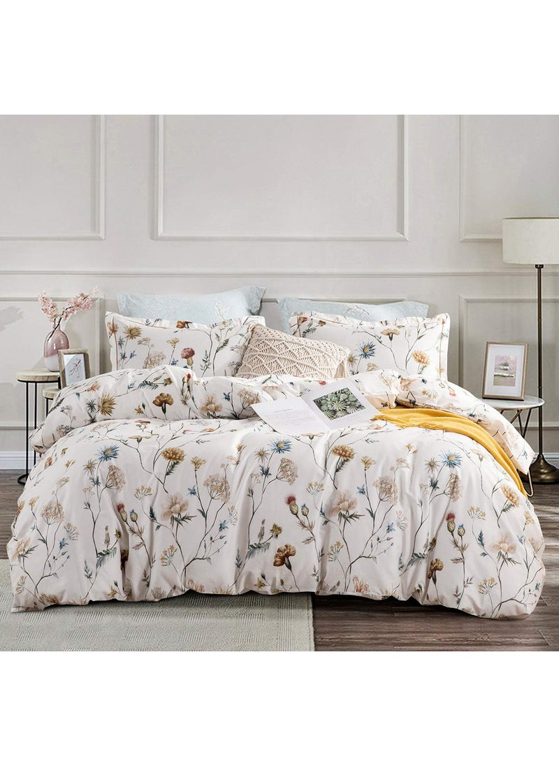 SLEEPBELLA SLEEPBELLA Comforter Queen Size  600 Thread Count Cotton White Printed with Blue & Blush Flowers Cotton Comforter Set Down Alternative Bedding Set 3Pcs(Queen  White Floral)  - Image 1