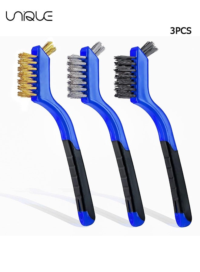 يونيك مجموعة فرش سلكية من 3 قطع - شعيرات نايلون / نحاس / ستانلس ستيل مع مقبض منحني لفرك الصدأ والأوساخ والطلاء مع التنظيف العميق - 7 بوصات (أزرق) - Image 1