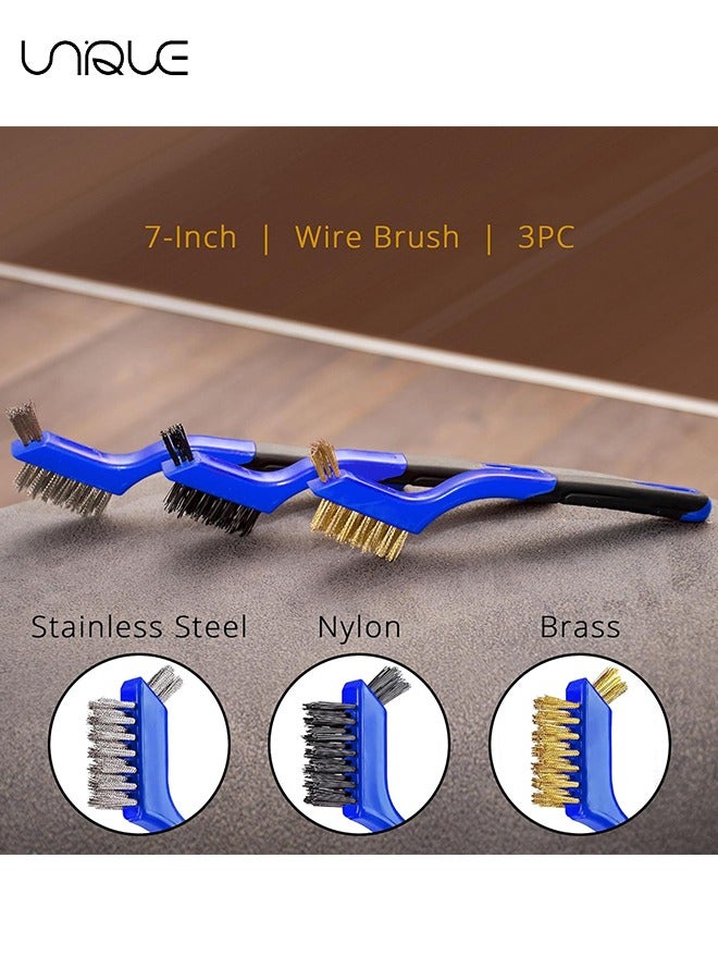 يونيك مجموعة فرش سلكية من 3 قطع - شعيرات نايلون / نحاس / ستانلس ستيل مع مقبض منحني لفرك الصدأ والأوساخ والطلاء مع التنظيف العميق - 7 بوصات (أزرق) - Image 3