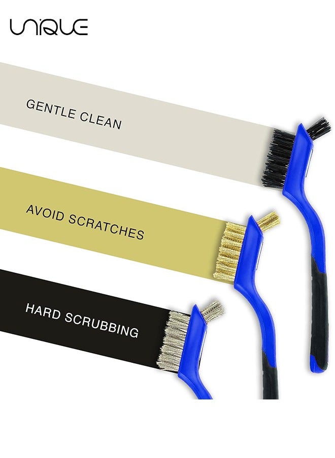 يونيك مجموعة فرش سلكية من 3 قطع - شعيرات نايلون / نحاس / ستانلس ستيل مع مقبض منحني لفرك الصدأ والأوساخ والطلاء مع التنظيف العميق - 7 بوصات (أزرق) - Image 4