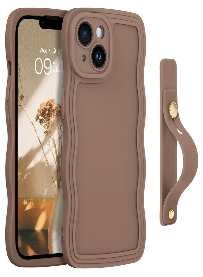 جراب GUAGUA لهاتف iPhone 14 مقاس 6.1 بوصة، بتصميم مموج أنيق، مزود بحزام معصم قابل للتعديل وحامل، نحيف، مصنوع من مادة TPU الناعمة، مقاوم للصدمات، لون بني. - Image 1