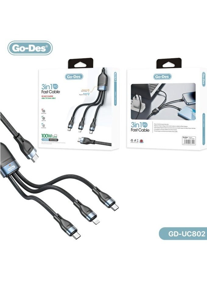GO-DES 3 in 1 PD Multiport Cable Type-C to 2 Type-C 1 Lightning GD-UC802 - Image 1