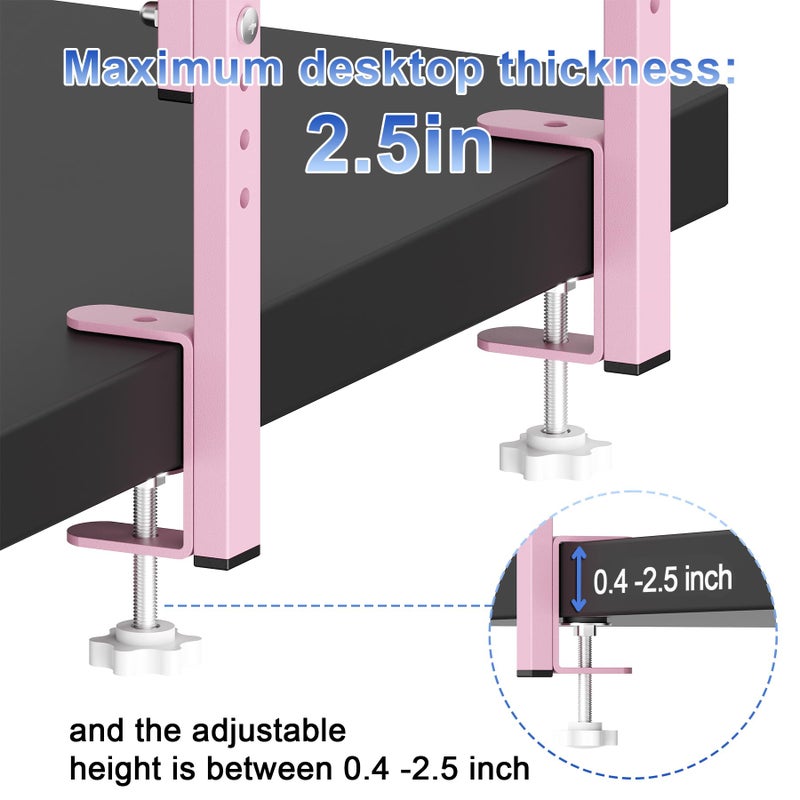 Spacrea clamp on Desk Shelf, 2 Tier Office Desk Shelves Organizer, Wood Desktop Supplies Storage Rack, Desk Organizers and Accessories (Pink) - Image 4