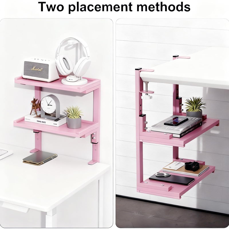 Spacrea clamp on Desk Shelf, 2 Tier Office Desk Shelves Organizer, Wood Desktop Supplies Storage Rack, Desk Organizers and Accessories (Pink) - Image 3