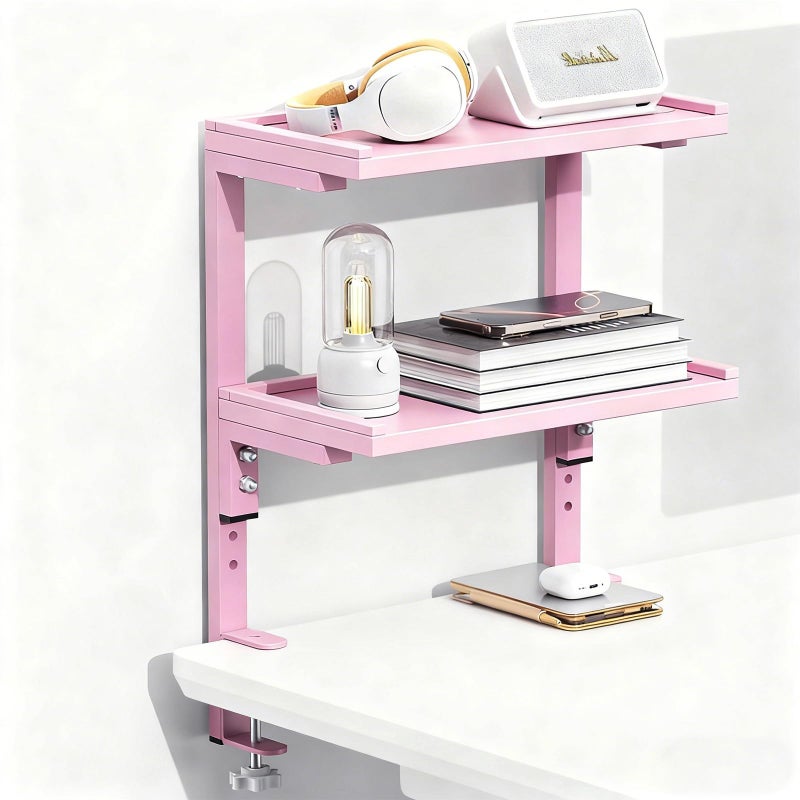 Spacrea clamp on Desk Shelf, 2 Tier Office Desk Shelves Organizer, Wood Desktop Supplies Storage Rack, Desk Organizers and Accessories (Pink) - Image 1