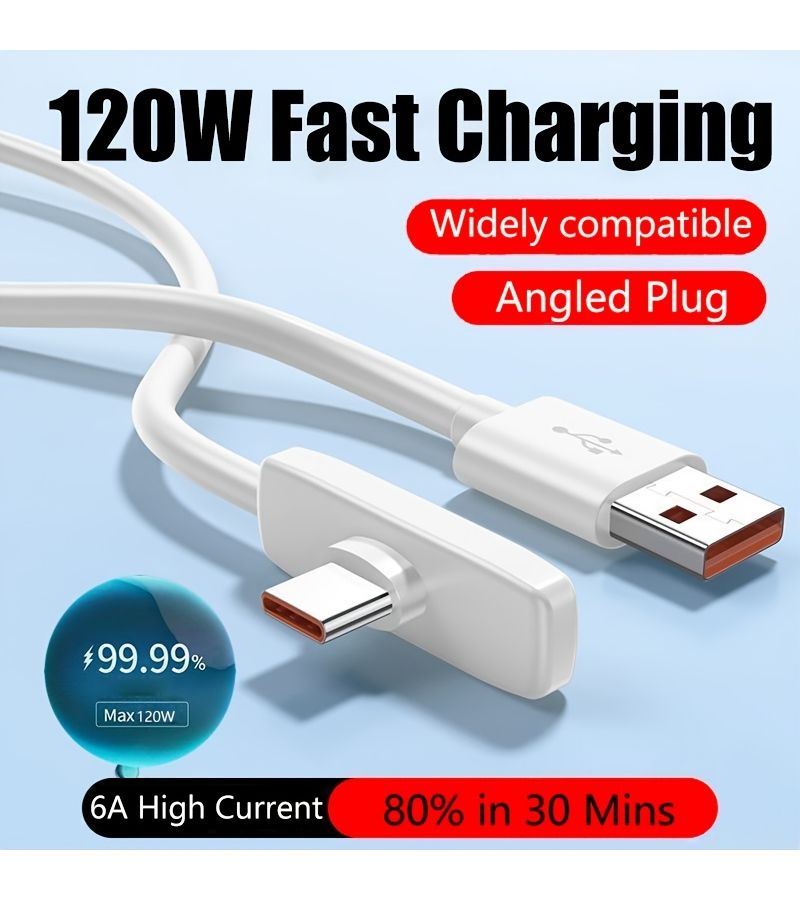 120W Max 6A Fast Charging Cable 90 Degree Right Angle USB C Data Cable Compatible with iPhone iPad MacBook Samsung Xiaomi Huawei 2m 78 7inch - Image 1