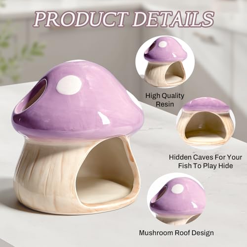 Obantrsz Betta Fish Tank Accessories, Ceramic Mushroom House Aquarium Decor - Cute Purple Hideout Cave Ornament for Small Fish, Shrimp, Goldfish, Hamsters & Reptiles (Purple) - Image 3