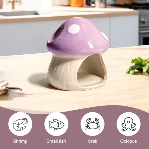 Obantrsz Betta Fish Tank Accessories, Ceramic Mushroom House Aquarium Decor - Cute Purple Hideout Cave Ornament for Small Fish, Shrimp, Goldfish, Hamsters & Reptiles (Purple) - Image 4