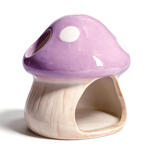 Obantrsz Betta Fish Tank Accessories, Ceramic Mushroom House Aquarium Decor - Cute Purple Hideout Cave Ornament for Small Fish, Shrimp, Goldfish, Hamsters & Reptiles (Purple) - Image 1