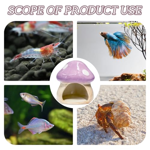 Obantrsz Betta Fish Tank Accessories, Ceramic Mushroom House Aquarium Decor - Cute Purple Hideout Cave Ornament for Small Fish, Shrimp, Goldfish, Hamsters & Reptiles (Purple) - Image 5