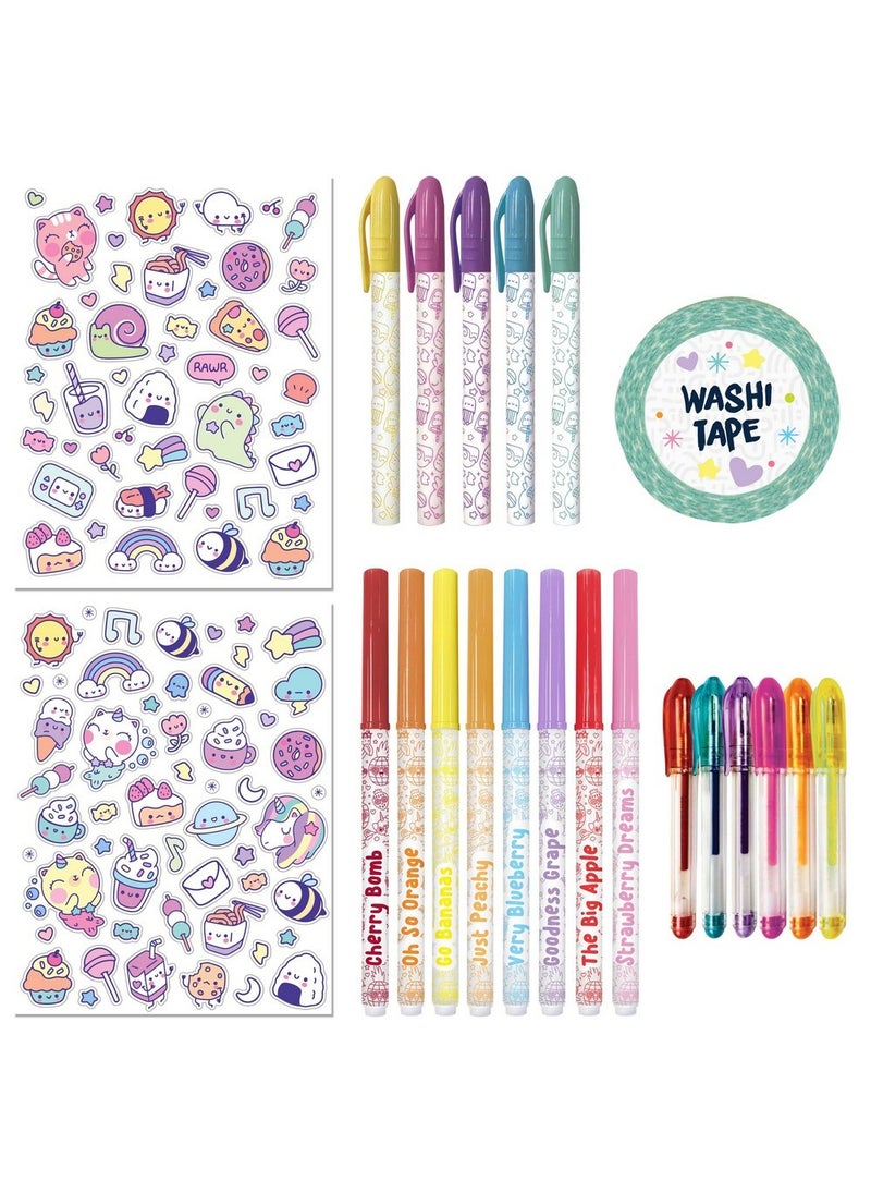 Hinkler طقم تلوين هينكلر كاواي النهائي - طقم تلوين افعلها بنفسك للأطفال يتضمن 5 أقلام تلوين باستيل، 6 أقلام جل صغيرة، 8 أقلام تلوين معطرة، شريط وشي، ورقتين ملصقات وكتاب تلوين مكون من 96 صفحة، تصاميم كاواي لطيفة، أنشطة تلوين ممتعة، طقم فن إبداعي - Image 2