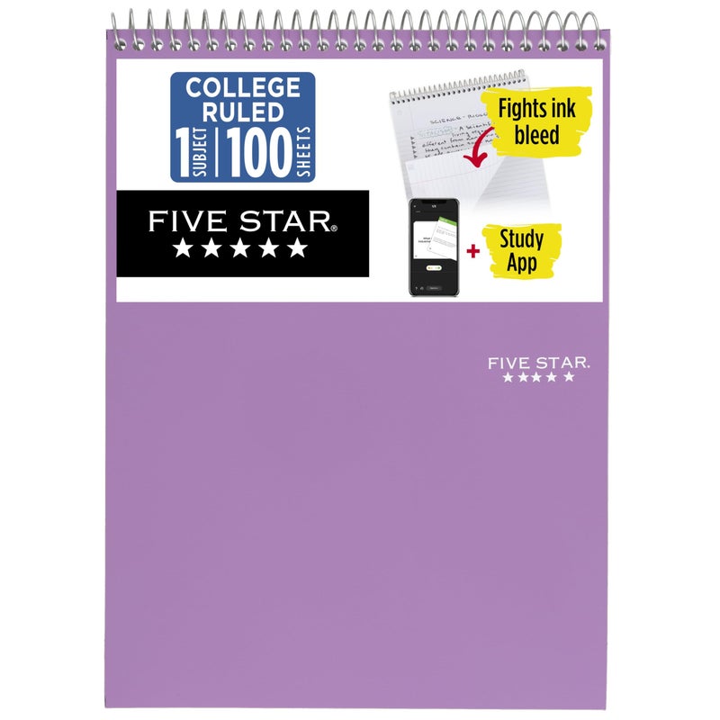 Five Star Top Spiral Notebook + Study App, 1 Subject, College Ruled Notepad, 8-1/2" x 11", 100 Sheets, Fights Ink Bleed, Water Resistant Cover, Amethyst Purple (820058B-ECM) - Image 1