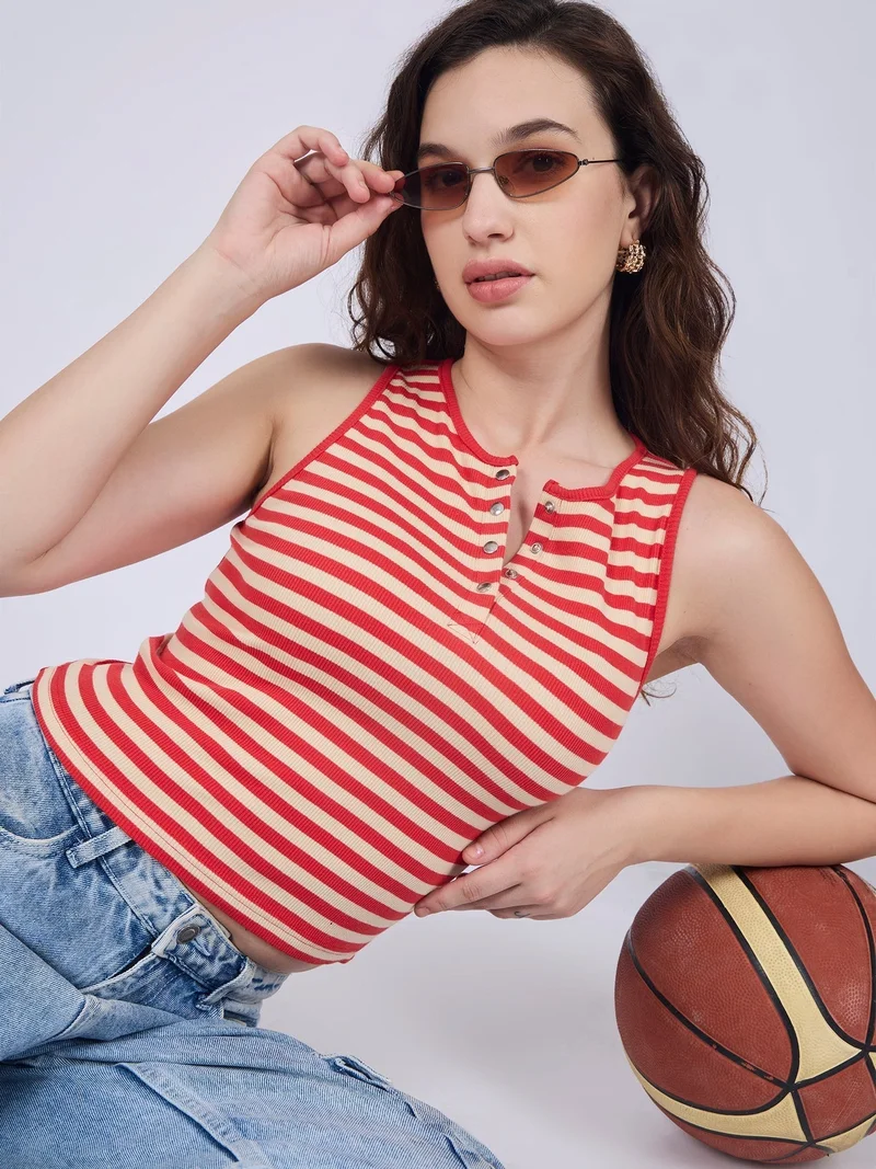 Outzidr  Red Striped Button Down Tank for Women | Best Price UAE