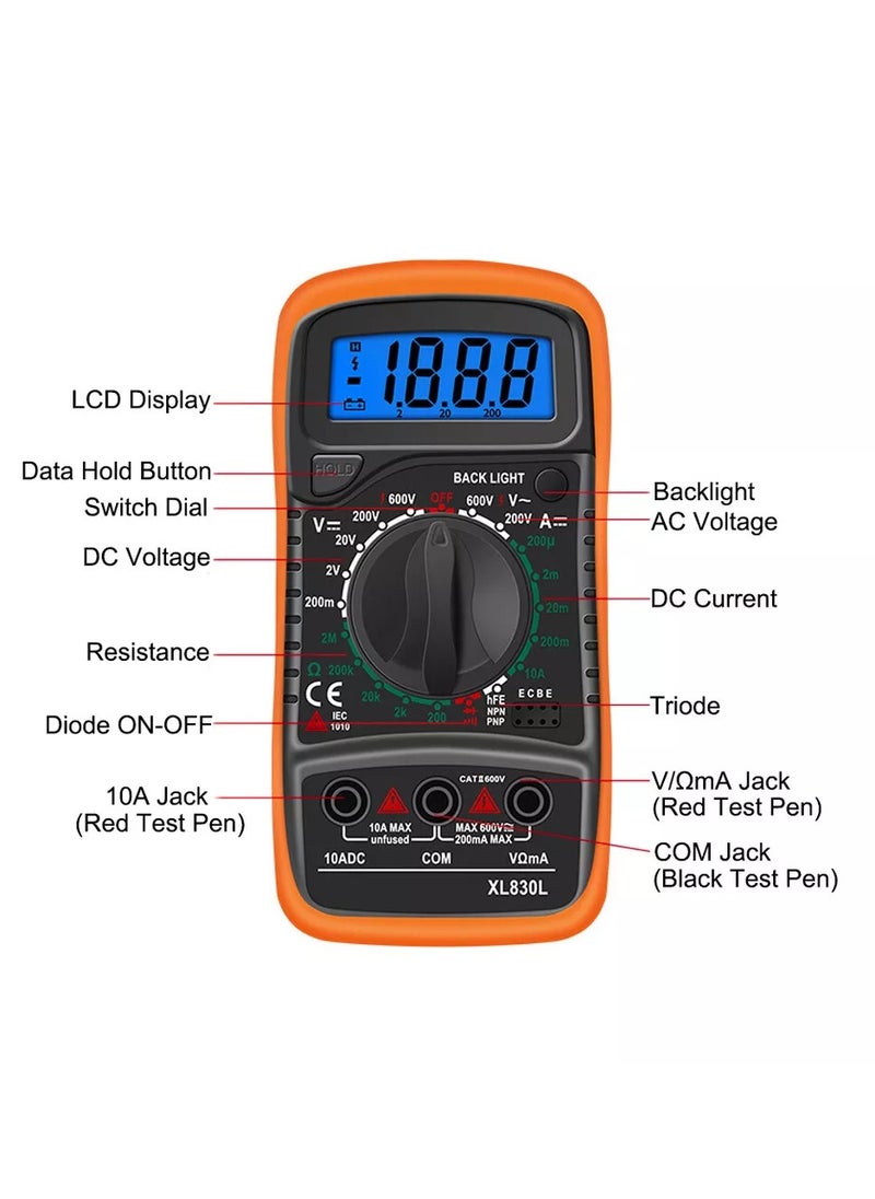 Generic - XL830L High Precision Digital Multimeter, AC/DC Digital Display, Voltage/Current/Resistance/Temperature/Diode/Transistor Test/Continuity with Data Hold - Image 1