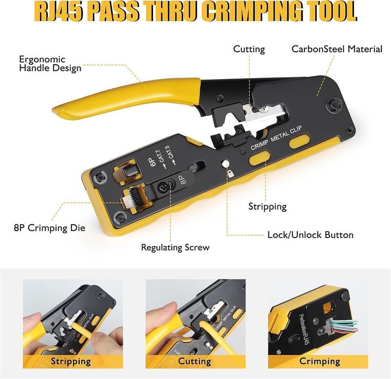 XIKKART RJ45 Crimping Tool Kit | Pass Through Ethernet Crimper for Cat7, Cat6, Cat5 | Network Cable Crimping Tool with 20PCS Cat6 Connectors + 20PCS Boots | RJ11 RJ45 Cable Tester With 9V Battery - Image 3