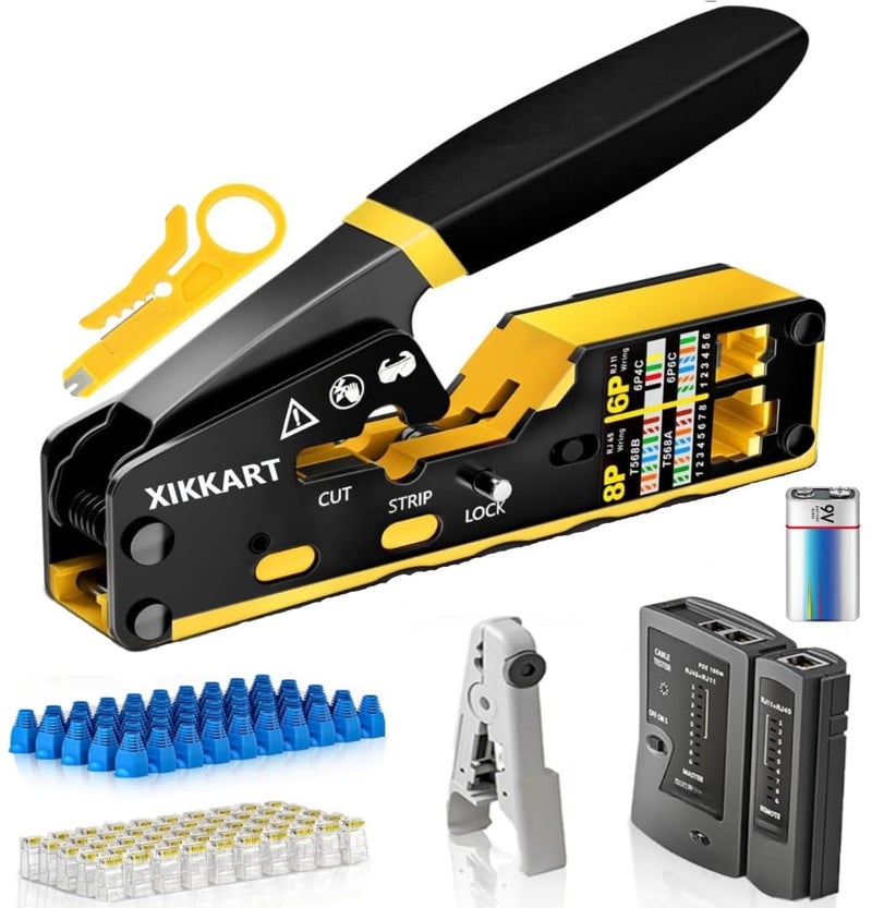 XIKKART RJ45 Crimping Tool Kit | Pass Through Ethernet Crimper for Cat7, Cat6, Cat5 | Network Cable Crimping Tool with 20PCS Cat6 Connectors + 20PCS Boots | RJ11 RJ45 Cable Tester With 9V Battery - Image 1