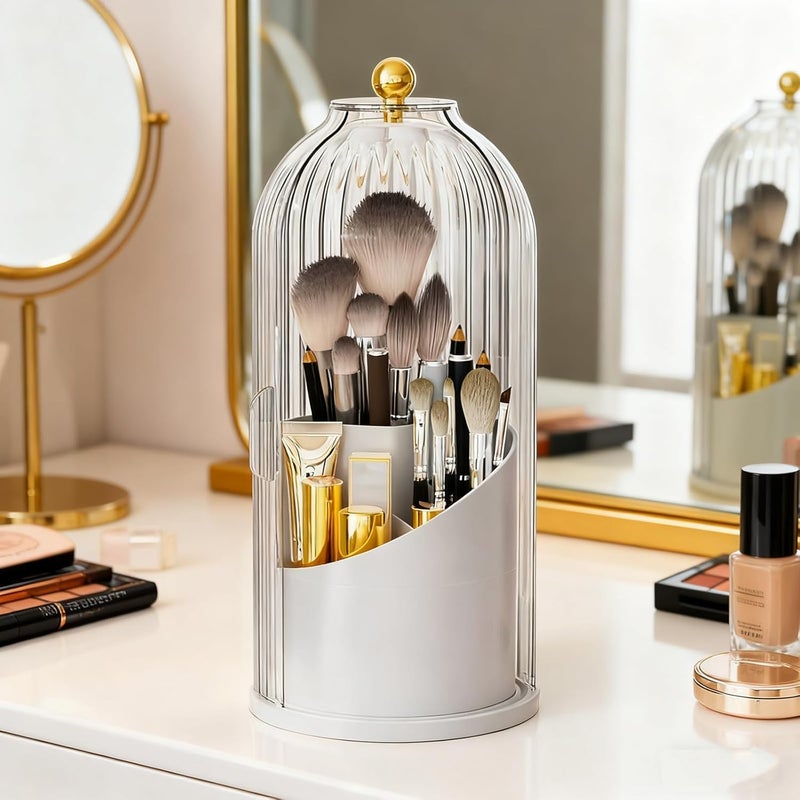Primst Makeup Brush Organizer Rotating Makeup Brushes Storage with Lid Cosmetic Tools Organizer for Vanity Desktop Bathroom Countertop White