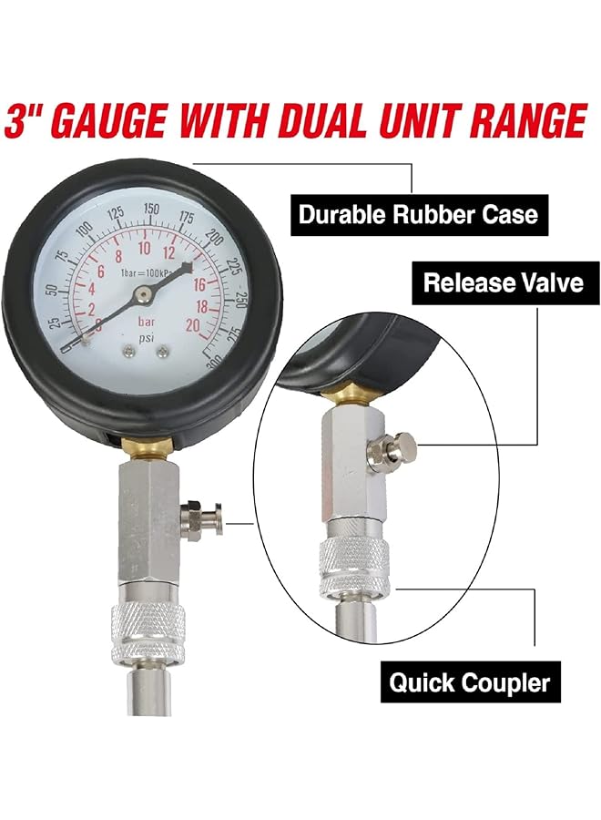 بيج ريد مقياس ضغط أسطوانة محرك تورين Atrhs-A0031R، 8 قطع (0-300 رطل/بوصة مربعة)، أداة قياس لجميع محركات البنزين والغاز: السيارات، الشاحنات، الدراجات النارية، البحرية، المركبات الرباعية، المركبات متعددة الاستخدامات، عربات الثلوج - Image 4