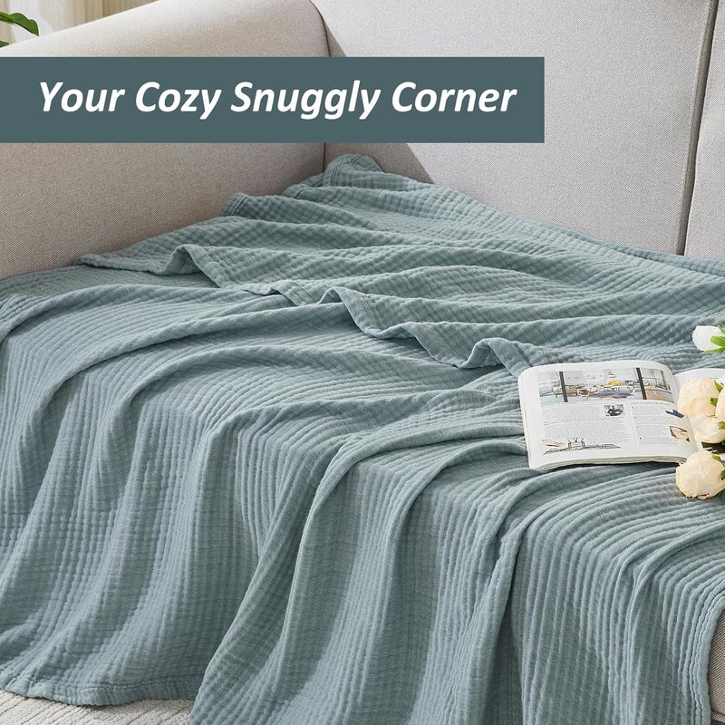 EMME Cotton Muslin King Blanket Bed Layering Bedspread Coverlet Breathable Gauze Blanket Soft Lightweight (Heather Teal, 108"x90") - Image 4