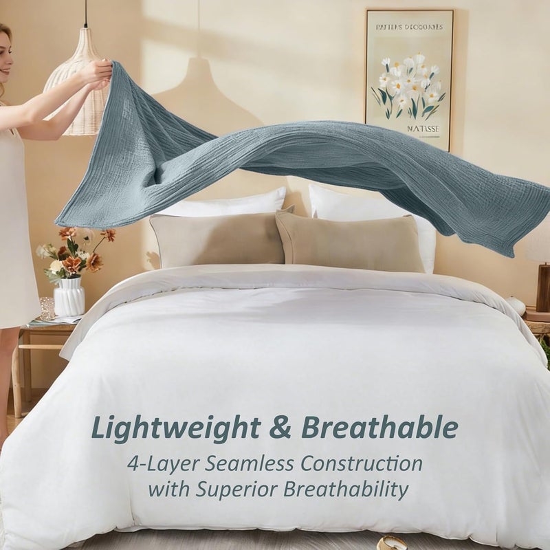 EMME Cotton Muslin King Blanket Bed Layering Bedspread Coverlet Breathable Gauze Blanket Soft Lightweight (Heather Teal, 108"x90") - Image 5