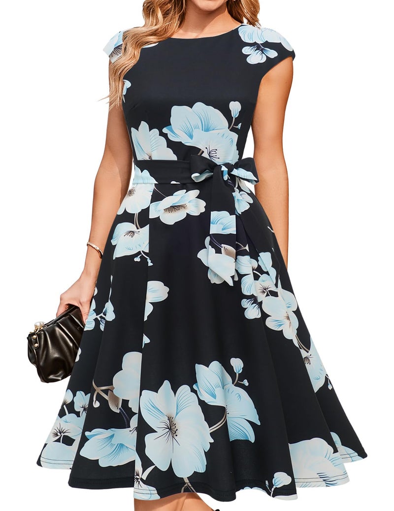 DRESSTELLS Cocktail Womens Floral Dresses for Wedding Guest Semi Formal Spring Summer Easter Modest Church Tea Party Retro Dress Print Black Blue White Flower L - Image 1