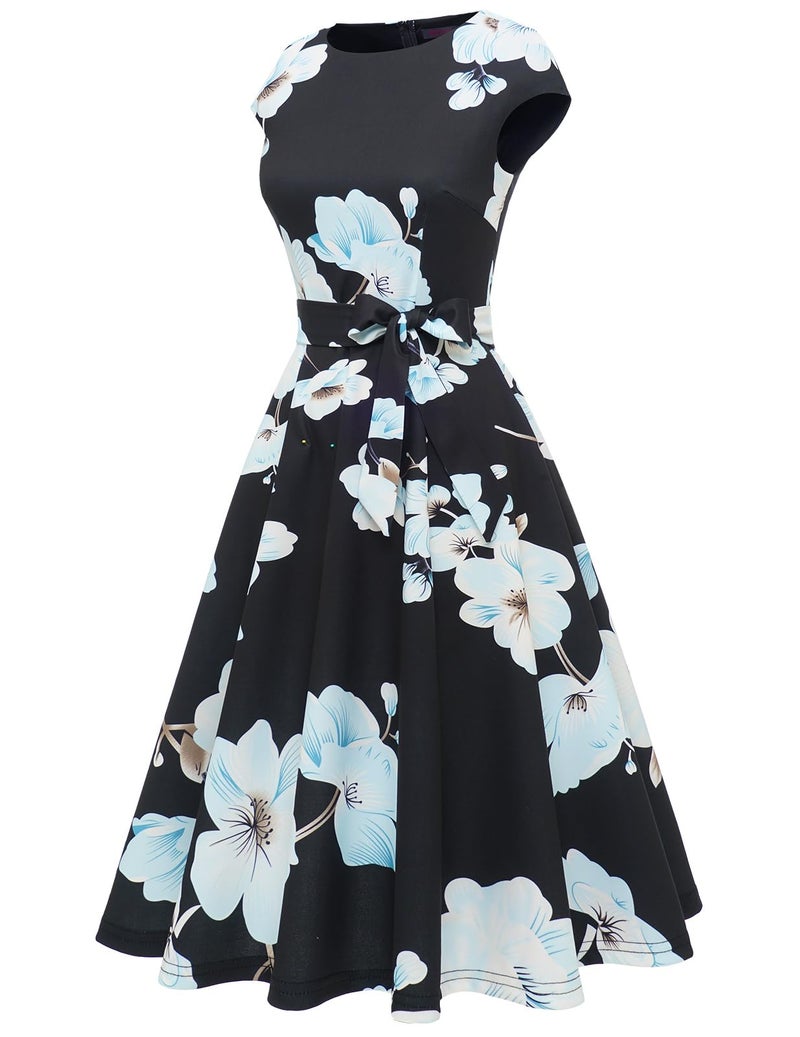 DRESSTELLS Cocktail Womens Floral Dresses for Wedding Guest Semi Formal Spring Summer Easter Modest Church Tea Party Retro Dress Print Black Blue White Flower L - Image 3