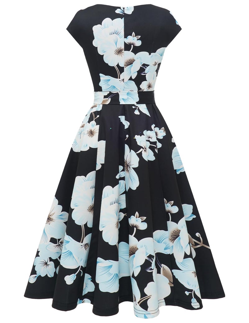 DRESSTELLS Cocktail Womens Floral Dresses for Wedding Guest Semi Formal Spring Summer Easter Modest Church Tea Party Retro Dress Print Black Blue White Flower L - Image 4