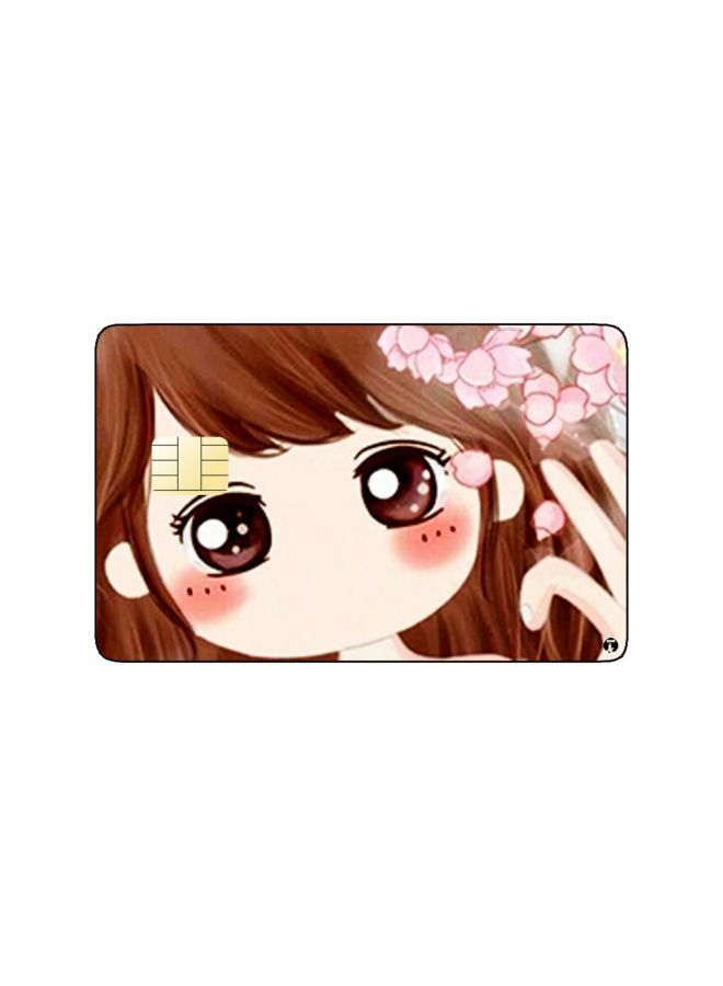 RKN PRINTED BANK CARD STICKER Cute Girl Drawing With Pink Roses - Image 1