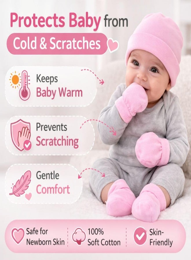 aRIC Newborn Baby Cap Mittens Booties Set (0-6 Months) | Soft Cotton Hosiery Cap Mittens and Socks for New Born Baby | Infant Summer Essentials | Baby Hospital Bag Must Haves (Pink) - Image 4