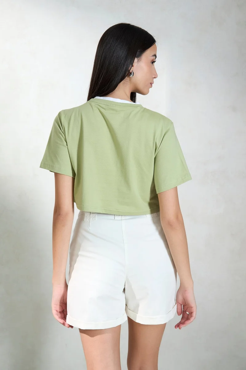 Virgio Green Solid Cotton Contrast Neck Crop Graphic Tee for Women for Women | Best Price UAE