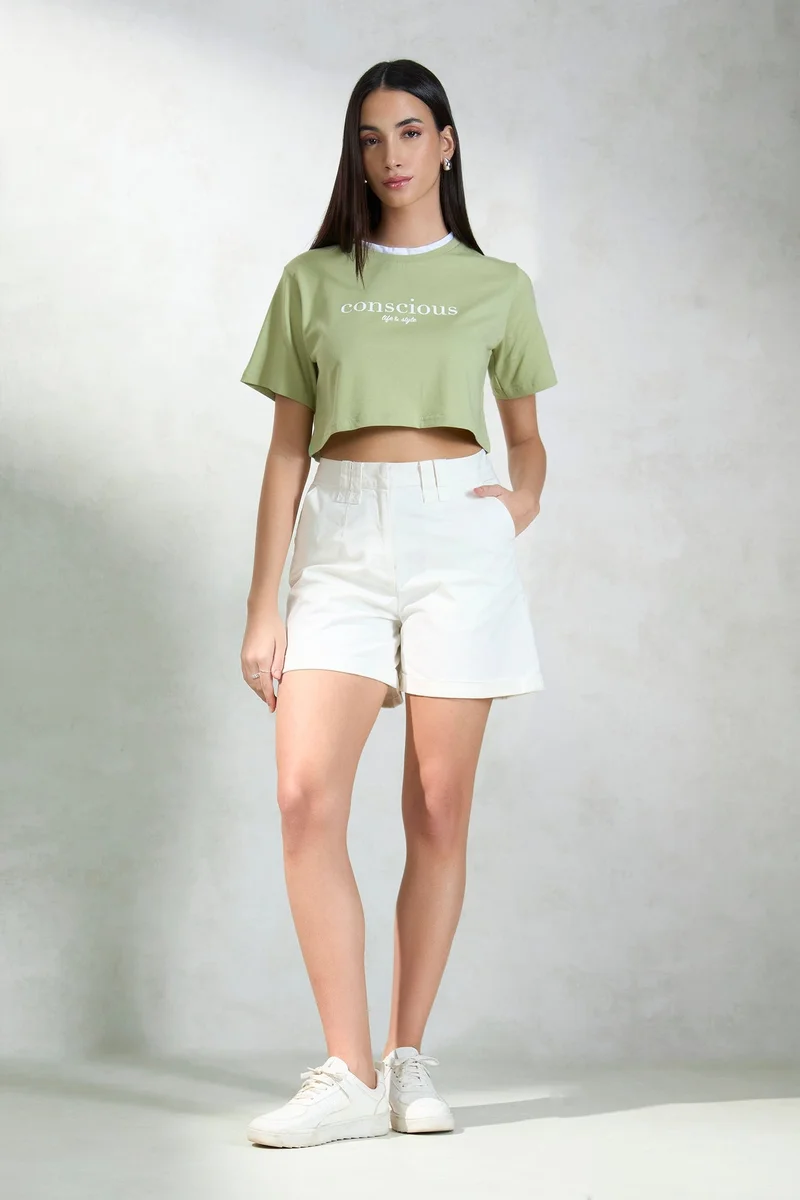 Virgio Green Solid Cotton Contrast Neck Crop Graphic Tee for Women for Women | Best Price UAE