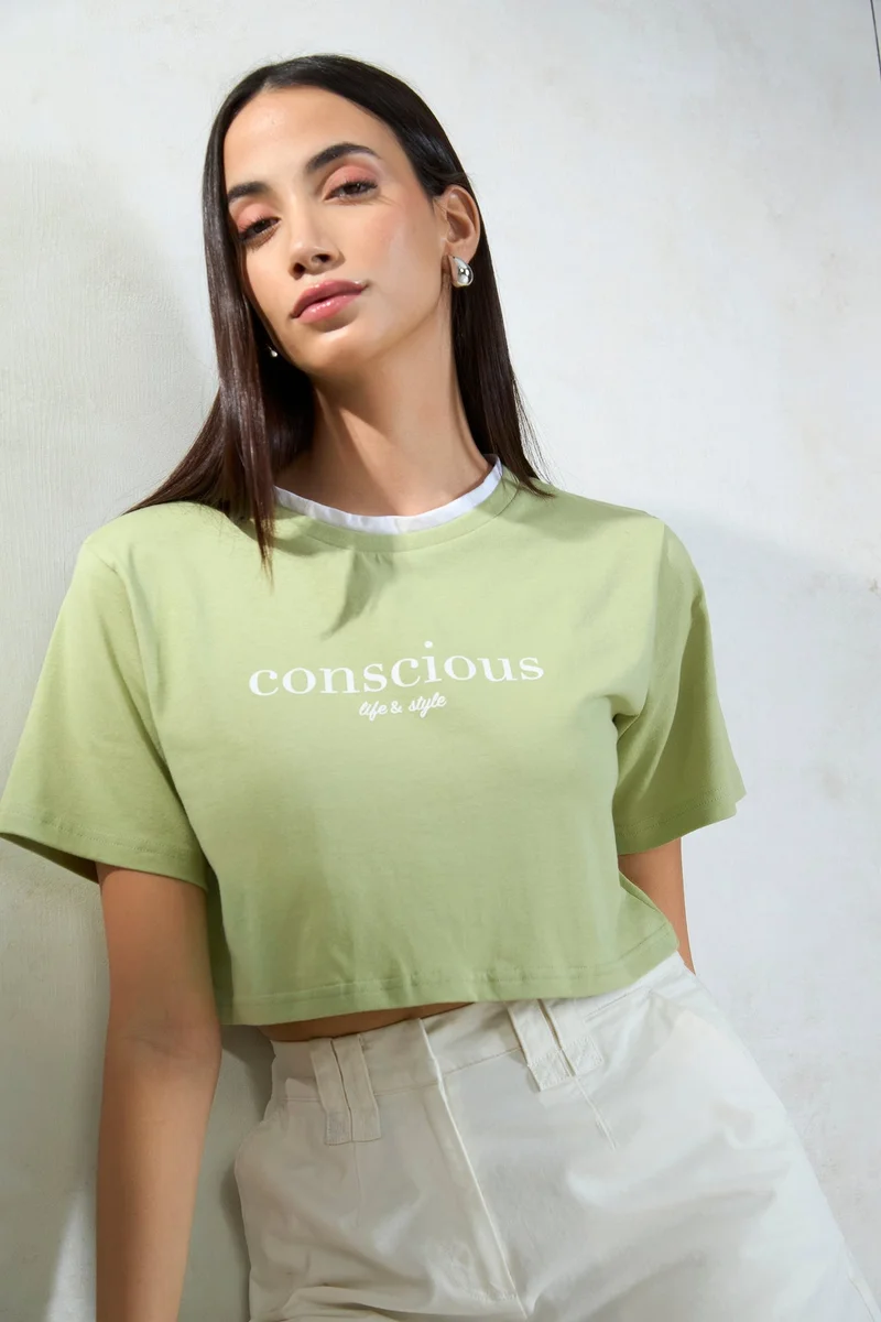 Virgio Green Solid Cotton Contrast Neck Crop Graphic Tee for Women for Women | Best Price UAE