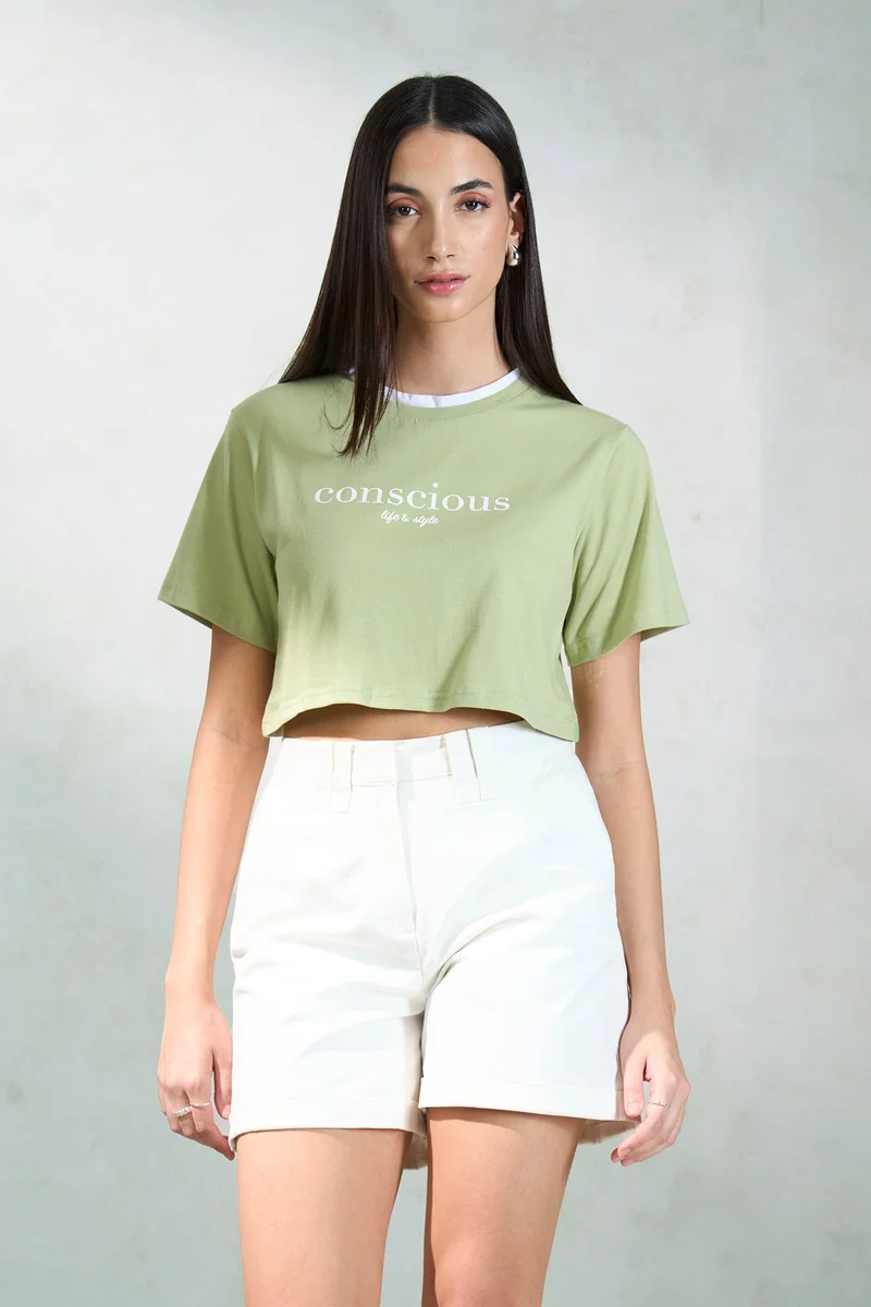 Solid Cotton Contrast Neck Crop Graphic Tee for Women