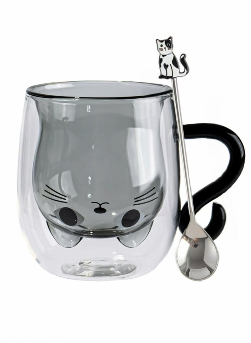 Cute Cat Mugs Glasses Double Wall Insulated Glasses Espresso Cup, Coffee Cup, Tea Cup, Milk Cup With 1 Piece Cute Cat Spoon,  Best Gift for Office and Personal Birthday（Black Cat)  - Image 1