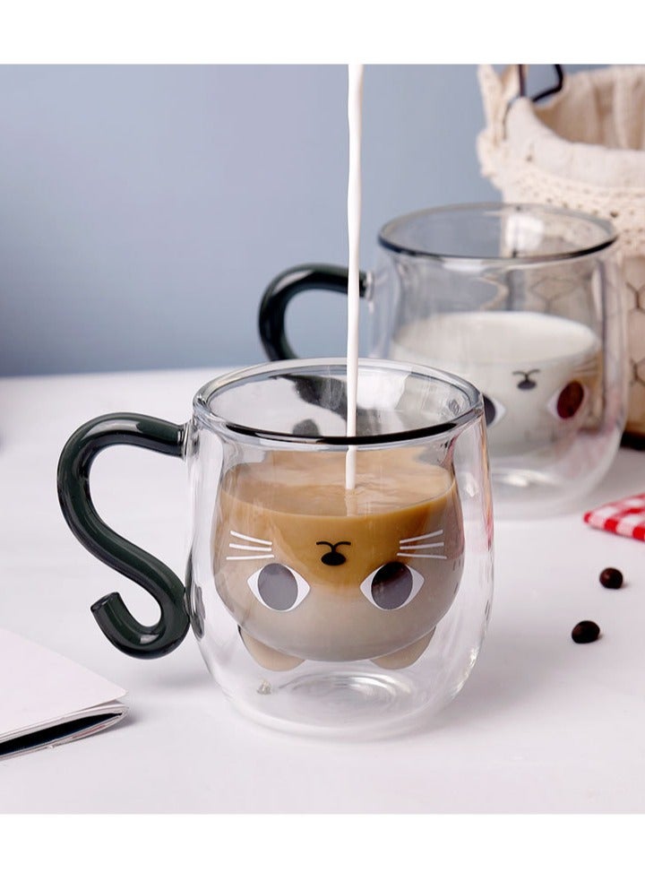 Cute Cat Mugs Glasses Double Wall Insulated Glasses Espresso Cup, Coffee Cup, Tea Cup, Milk Cup With 1 Piece Cute Cat Spoon,  Best Gift for Office and Personal Birthday（Black Cat)  - Image 2