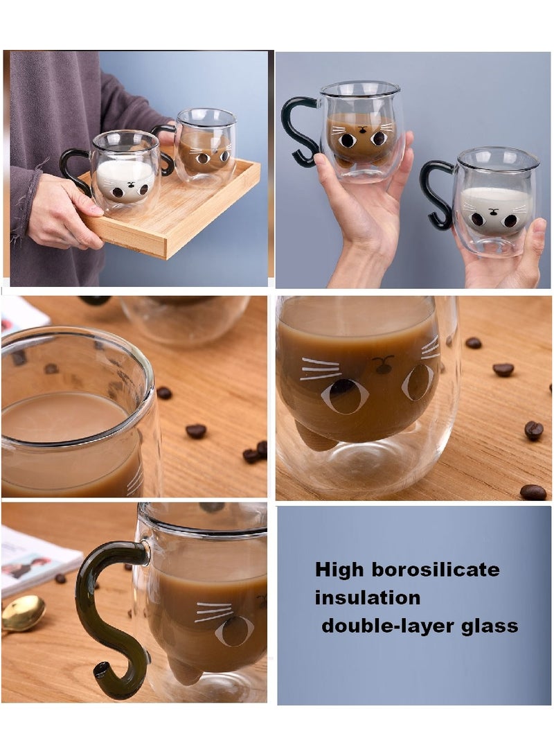 Cute Cat Mugs Glasses Double Wall Insulated Glasses Espresso Cup, Coffee Cup, Tea Cup, Milk Cup With 1 Piece Cute Cat Spoon,  Best Gift for Office and Personal Birthday（Black Cat)  - Image 4