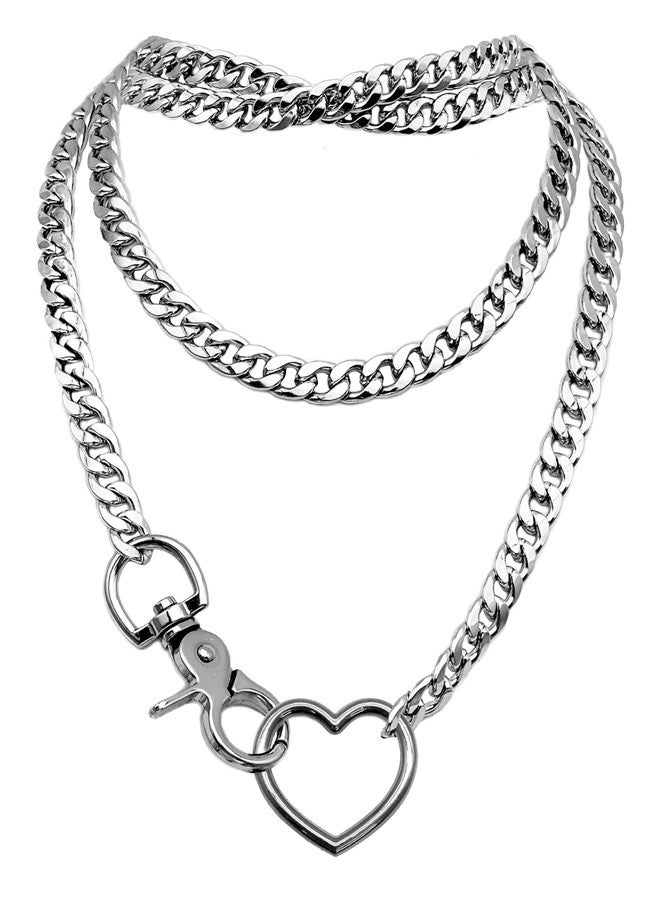 paloli Women's Slip Chain Silver Heart O-Ring Chunky Chain Necklace, Cuban Long Layered Jewelry, Adjustable Lariat Y-Necklace Heart Loop Choker - Image 1