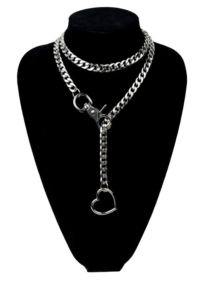 paloli Women's Slip Chain Silver Heart O-Ring Chunky Chain Necklace, Cuban Long Layered Jewelry, Adjustable Lariat Y-Necklace Heart Loop Choker - Image 3